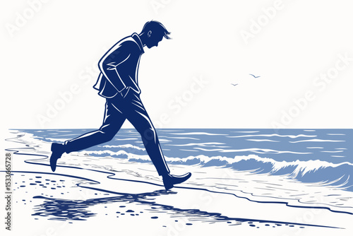 Create a bold, vector illustration of a single person walking alone, emphasizing strong outlines and minimalist style.