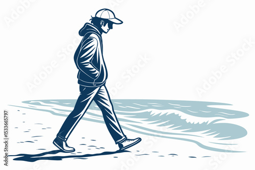 Create a vector illustration of a lone person walking, featuring a bold, thick outline style.  The person should be easily identifiable and the style should be clean.