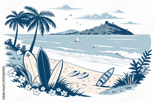 Create a bold, vector illustration of a serene, secluded beach bay at sunset.  Focus on strong outlines and minimal details.