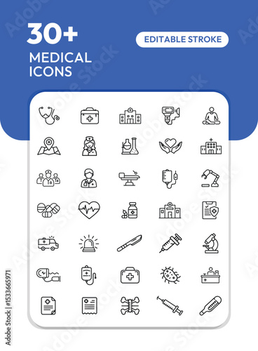 Collection of thirty-plus editable medical icons depicting healthcare symbols and equipment.