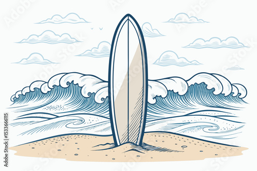Create a vector illustration of a surfboard standing upright, featuring a bold, thick black stroke outline.  The design should be clean and modern.
