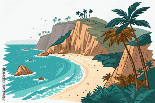 Create a bold, vector illustration of a secluded tropical beach cove; emphasize thick outlines, vibrant colors, and lush vegetation.