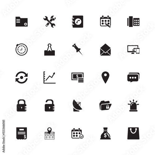 Education business and finance icon set with communication technology and media symbols in vector style