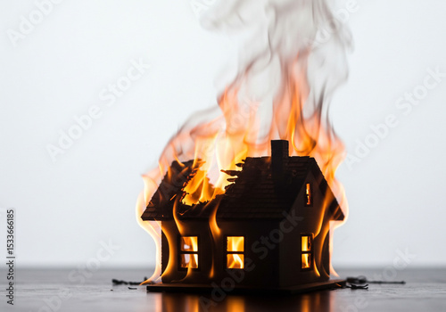 Burning House Model – Symbol of Home Fire Insurance Risk & Protection Concept white background 