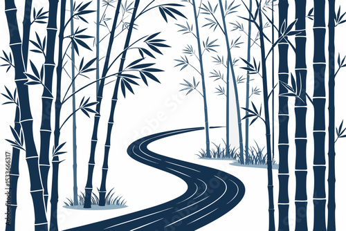 Create a bold, vector illustration of a dense bamboo forest landscape, emphasizing strong black strokes and depth.