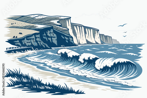 Create a bold, vector illustration of dramatic beach cliffs meeting a turbulent ocean.  Emphasize texture and strong lines.