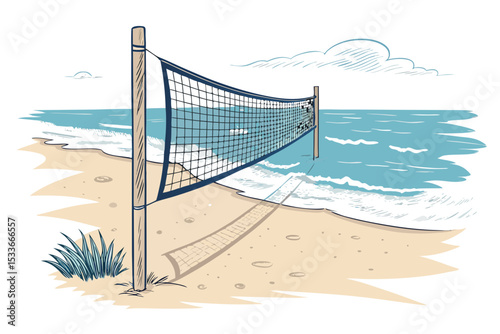 Create a bold, black vector illustration of a beach volleyball net, emphasizing strong lines and clean design.  Include details like the mesh and top supports.