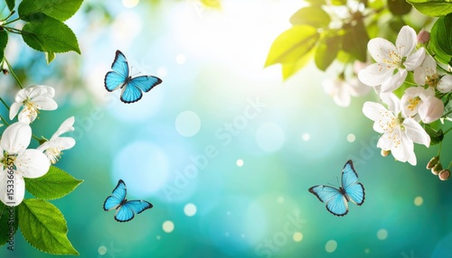 Butterflies dancing amidst blossoming flowers in a serene nature background captured in vibrant colors