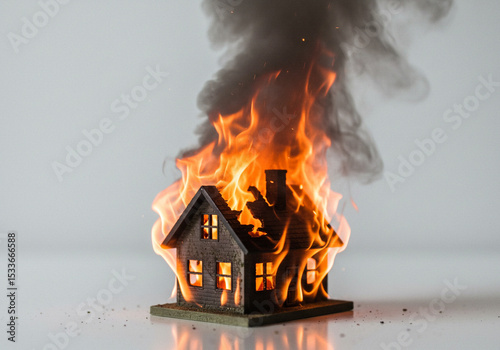 Burning House Model – Symbol of Home Fire Insurance Risk & Protection Concept white background 