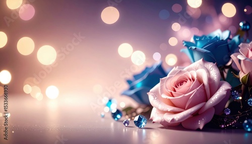 Elegant floral arrangement with blue and pink roses soft bokeh background close-up view romantic concept