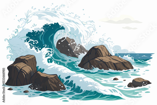 Create a bold, vector illustration of coastal rocks with dramatic foamy waves crashing against them.  Include detailed texture and strong linework.