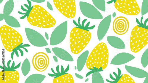 Illustration of yellow strawberries with green leaves and circles on a white background design