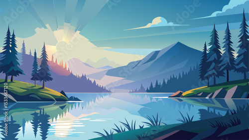 Tranquil landscape featuring mountains lake and pine trees reflecting sunlight in flat design