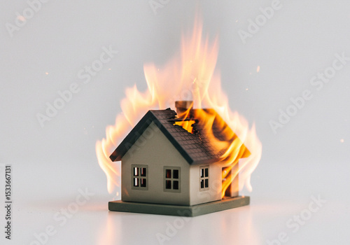 Burning House Model – Symbol of Home Fire Insurance Risk & Protection Concept white background 