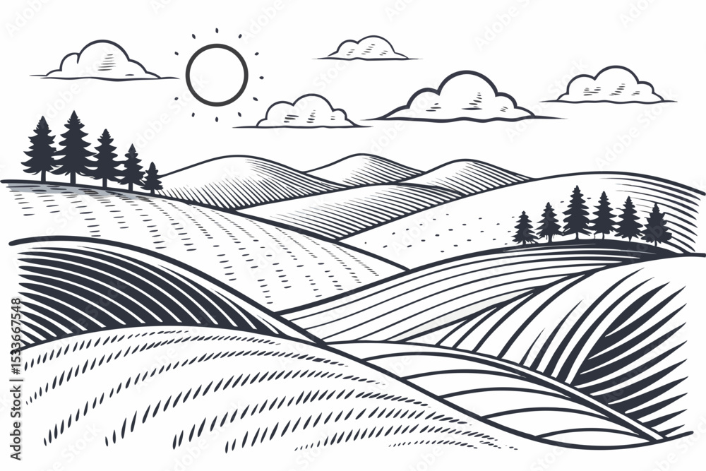 Fototapeta premium Create a bold, flat vector illustration of a simple, plain landscape featuring a horizon line and minimal details. Use strong, contrasting colors.