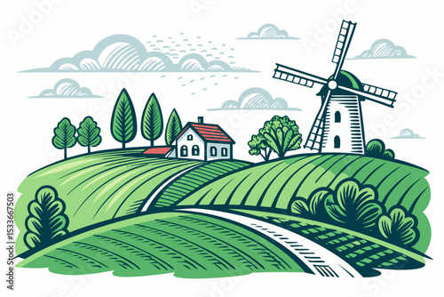 Create a bold, vector illustration of a vibrant farmland landscape with thick outlines, emphasizing rolling hills, fields, and a farmhouse.