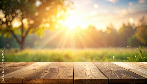 Sunrise over calm meadow with wooden table nature scene tranquil environment peaceful viewpoint for relaxation