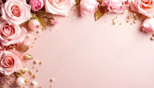 Elegant floral arrangement of pink roses on soft pink background decorative image romantic environment top view