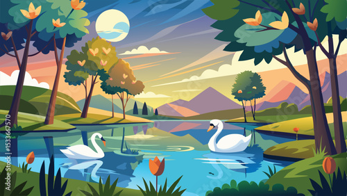 Tranquil scene depicting swans swimming on a lake amidst lush trees and a serene sunset