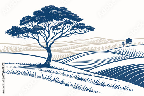Design a bold, flat vector illustration of a steppe landscape featuring minimal details, strong outlines, and a limited color palette.
