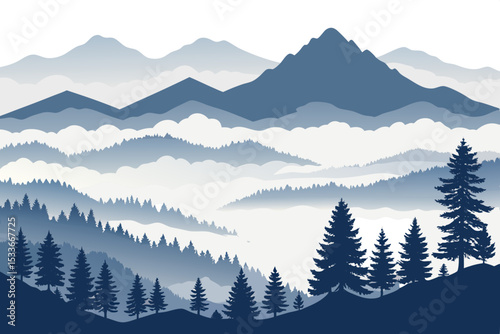 Create a bold, vector illustration of a foggy mountain landscape with dramatic lighting.  Include detailed textures and strong lines.