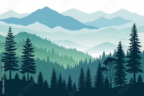 Create a bold, vector illustration of a forest landscape featuring dark, thick strokes, emphasizing texture and depth. Include trees, foliage, and a path.