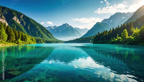 Tranquil lake reflection majestic mountains nature landscape serene environment panoramic view peaceful concept
