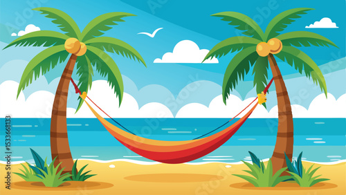 Tropical beach scene featuring palm trees hammock and sandy shoreline illustration