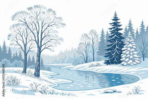Create a bold vector illustration of a frozen lake landscape featuring stark trees, a snowy shoreline, and a clear, icy surface.