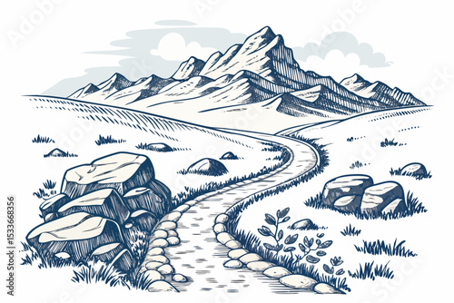 Create a bold, vector illustration of a winding hiking trail traversing a mountainous landscape.  Show strong, defined lines.