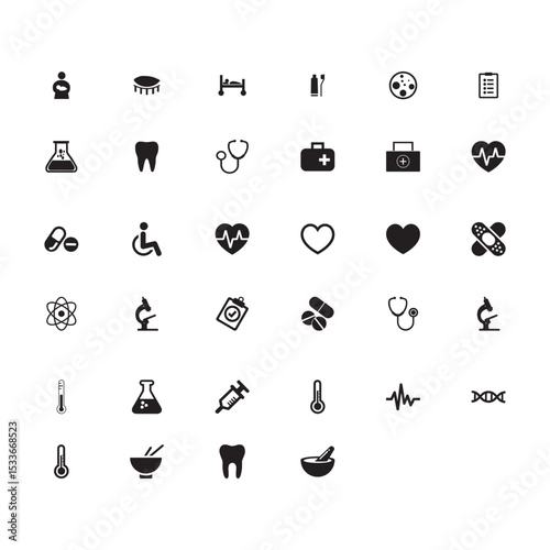 Black and white icon set featuring symbols for web health business and love