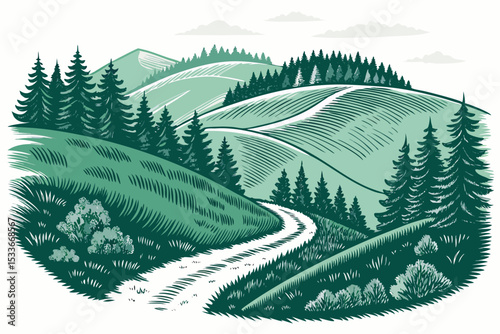 Create a bold vector illustration of a hilly landscape with dramatic lighting, emphasizing strong outlines and minimal detail.