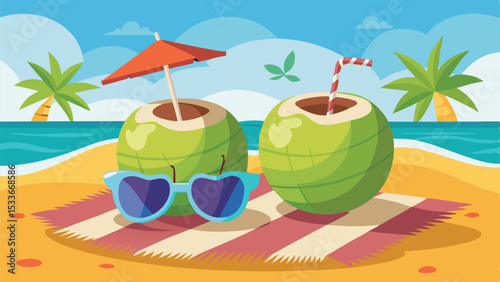 Tropical beach scene illustrating summer fun with coconut drinks and sunglasses