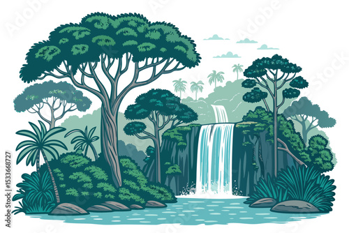Create a bold, vector illustration of a lush jungle landscape featuring dense foliage, vibrant colors, and thick outlines.  Include diverse jungle plants.