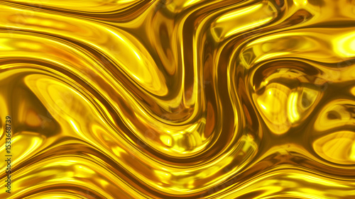 Liquid gold chrome waves background, shiny and lustrous golden metal pattern texture.
