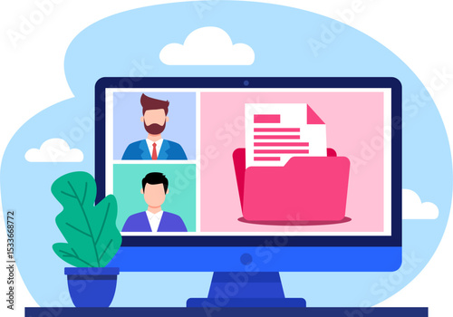 Video Conference with Document Sharing on Desktop Computer Flat Illustration Concept for Remote Work