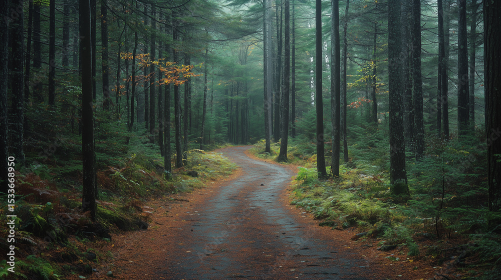 Naklejka premium road path on the middle of forest, with tall trees and green foliage around, serene and scenic