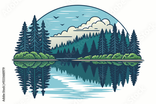 Create a bold, vector illustration of a lake landscape featuring a prominent 'F' integrated into the design.  The style should be minimalist and impactful.