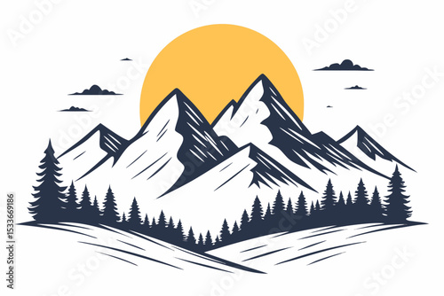 Create a bold, minimalist vector illustration of a single mountain range, featuring thick, black strokes.  Focus on clean lines and simple shapes.