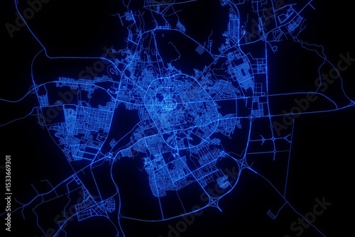 Street map of Medina (Saudi Arabia) made with blue illumination and glow effect. Top view on roads network