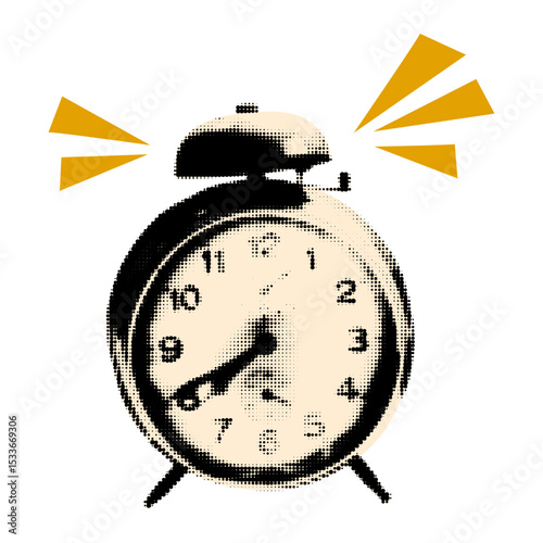 Trendy halftone collage element. Vintage mechanical alarm clock paper cut out. Deadline, time management. Modern retro vector illustration for mixed media design isolated on transparent background
