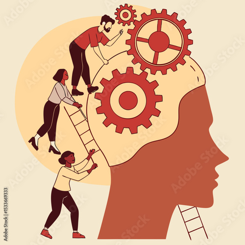 Team working together to fix the gears inside a human brain