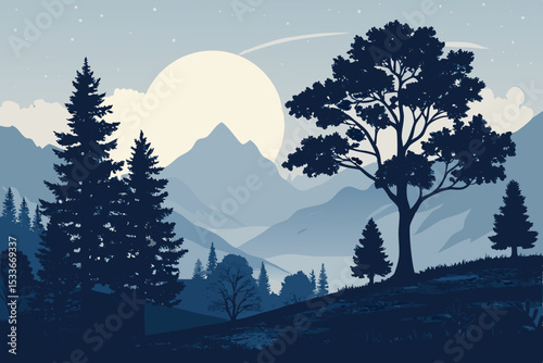 Create a vector illustration of a bold, moonlit landscape featuring dramatic hills, silhouetted trees, and a bright, full moon.  Emphasize strong outlines and contrasting light/dark.