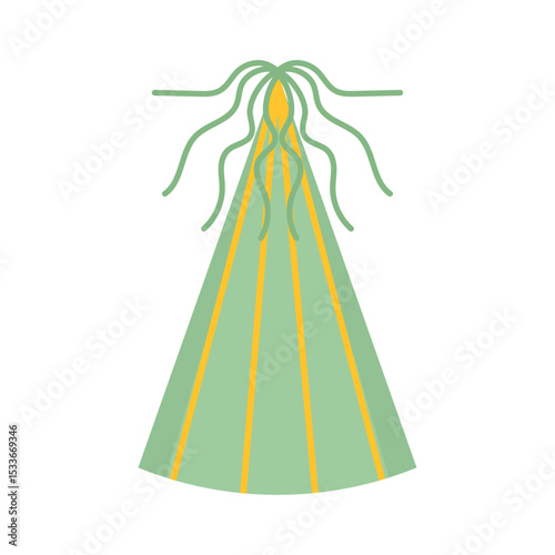 Green birthday cap with yellow stripes and tassel. Festive carnival hat isolated on white or transparent background. Vector illustration. Close-up element for design decoration.