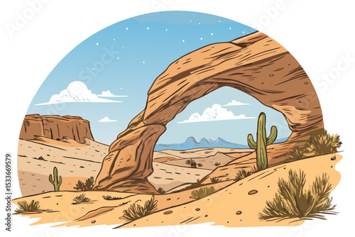 Create a bold, vector illustration of a natural rock arch formation.  Emphasis on strong, clean lines and a dark stroke.