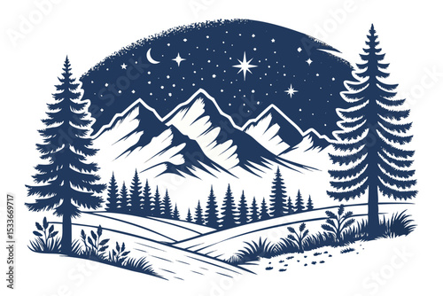 Create a bold, vector illustration of a nighttime landscape featuring dark silhouettes of trees and hills under a starry sky.  Include a dramatic, thick stroke style.