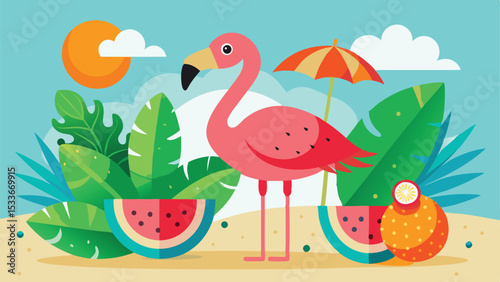 Tropical flamingo illustration featuring watermelon umbrella and lush greenery on sandy beach