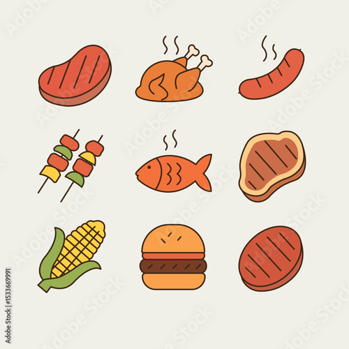 Vector set of grilled food and barbecue elements, including steak, sausage, chicken, fish, skewers, corn, burger, and grilled vegetables. 