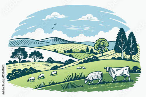 Create a bold vector illustration of a serene countryside scene; rolling hills, lush meadows, and a clear sky.  Emphasize strong, thick outlines.