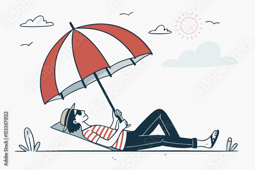 Create a bold, vector illustration of a person lying underneath a bed, emphasizing strong outlines and flat color.